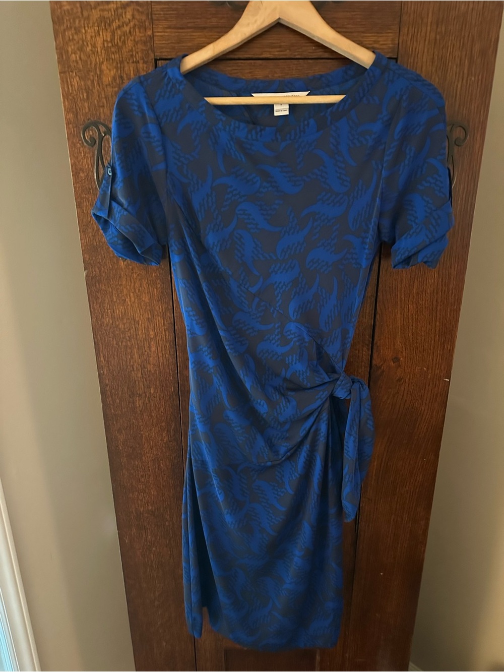 DVF Silk Vine Blue Tie-Waist Dress Sz 8 Diane Von Furstenberg Work Professional